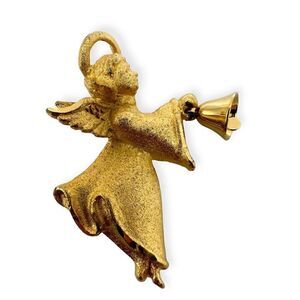 Vintage brooch costume gold colored angel with a bell